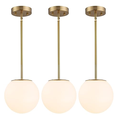 Mid Century Modern Pendant Lighting Gold Globe Pendant Light Fixture,1-Light White Glass Shade Brushed Brass Finished Hanging Light Fixture for Kitchen Island