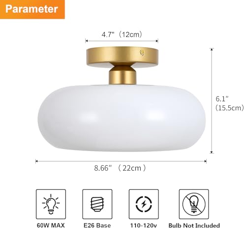 Mid-Century Modern Gold Semi Flush Mount Ceiling Light, Kitchen Ceiling Light Fixture with Glass Shade, Vintage White Close to Ceiling Lamp for Entryway Hallway Bathroom (8.66 Inch)