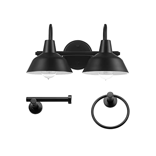 Globe Electric 51710 Bathroom Accessory Set, Matte Black, 3-Light Vanity Light, Towel Bar, Towel Ring, Robe Hook, Toilet Paper Holder, Bathroom Lights Over Mirror, Home Décor, Brooklyn, 5-Piece