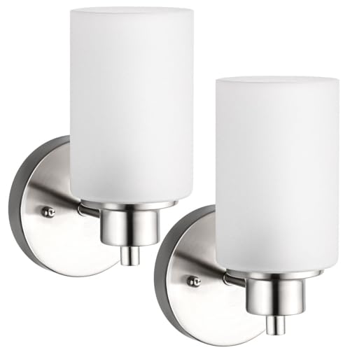 2-Pack Farmhouse Wall Sconces Light, Indoor Black Bath Vanity Light Fixtures with White Frosted Glass Shade, Modern Bathroom Wall Mounted Lighting Vintage E26 Base Lamp for Bedroom, Porch, Kitchen