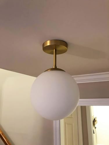 KoKo&Yukina 3-Light Semi Flush Mount Ceiling Light Globe Ceiling Light Mid Century Ceiling Light with Opal Milk Glass Globe & Brushed Brass for Bedroom Hallway Entryway Kitchen Living Room-Bulb Incl