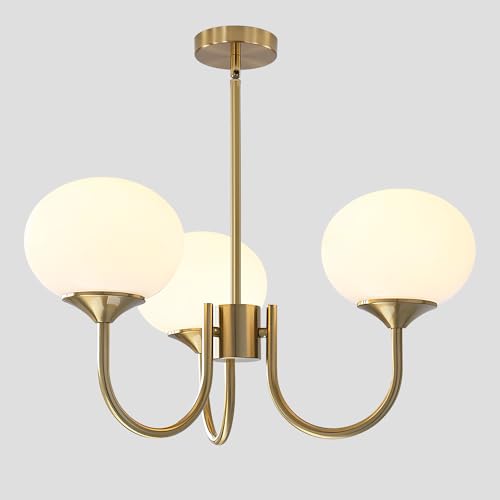 5-Light Modern Globe Sputnik Chandelier Mid Century Large Glass Gold Sputnik Pendant Lights Kitchen Island Vintage Milk Glass Dining Room Chandelier Brushed Brass Hanging Light Fixture