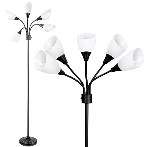 Modern Multi-Head Medusa Floor Lamp - 5 Light Standing Lamp for Bedroom and Living Room with Positionable Acrylic White Shades & 3-Light Mode Switch - Tall Black Floor Lamp for Living Room Decor