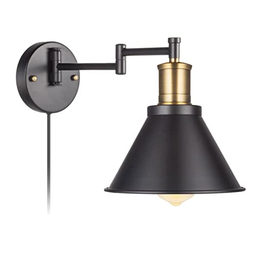 Swing Arm Wall Lamp Plug-in Cord Industrial Wall Sconce, Bronze and Black Finish,with On/Off Switch, E26 Base,1-Light Bedroom Wall Lights Fixtures,Bedside Reading Lamp