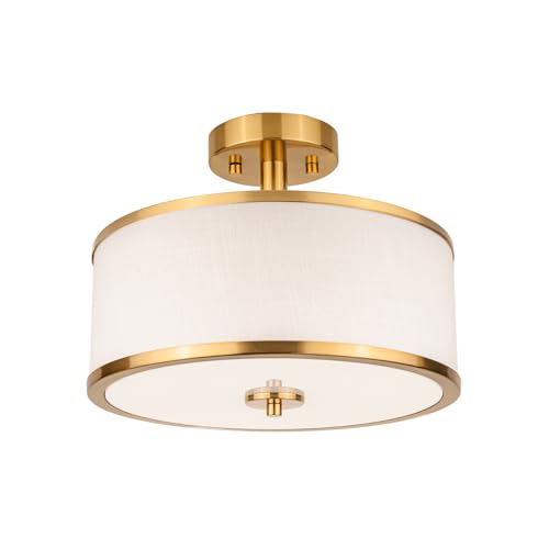 3-Light Semi Flush Mount Ceiling Light Fixture, 12.6" Gold Drum Light with Black Fabric Shade, Modern Close to Ceiling Light for Living Room Bedroom Dining Room Kitchen Hallway Entry Foyer