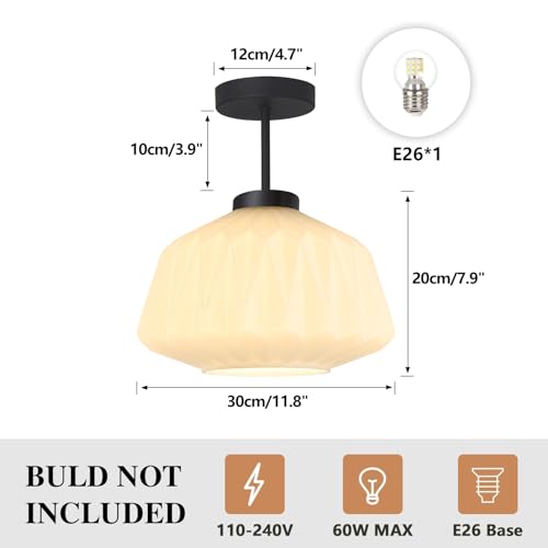 Semi Flush Mount Ceiling Light Mid Century Interior Ceiling Light with White Striation Glass Shade Gold Ceiling Light Fixture for Hallway Corridor Kitchen Bathroom