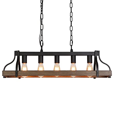 Rustic Kitchen Island Dining Room Light Fixture Farmhouse Linear Chandelier Black and Retro Wood Finish 5-Light Industrial Metal Hanging Pendant Light UL Listed L33.5 W10.6