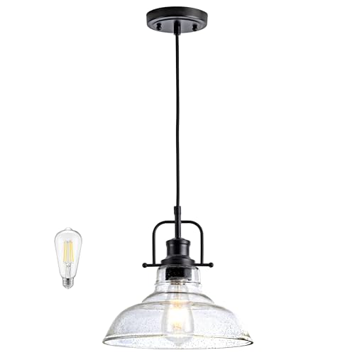 Black Industrial Pendant Light Farmhouse 1-Light with Adjustable Cord, Clear Bubble Glass Shade,Rectangle Cute Hanging Lights for Hallway, Kitchen Island, Dinning Room