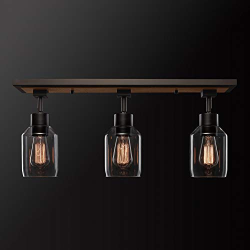 3-Light Track Lighting, Wood Toned, Matte Black Accents, Clear Glass Shades, Kitchen, Bathroom, Home Essentials, Ceiling Light, Dorm, Dining Room, Hallway