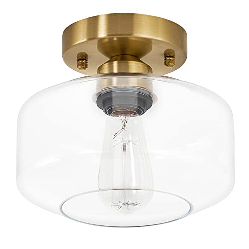 Semi Flush Mount Ceiling Light, 8.66" Clear Glass Shade, Brass Accent Socket, Modern Ceiling Light Fixture with Black Finish for Kitchen, Hallway, Entryway, Dining Room, Cafe, Bar