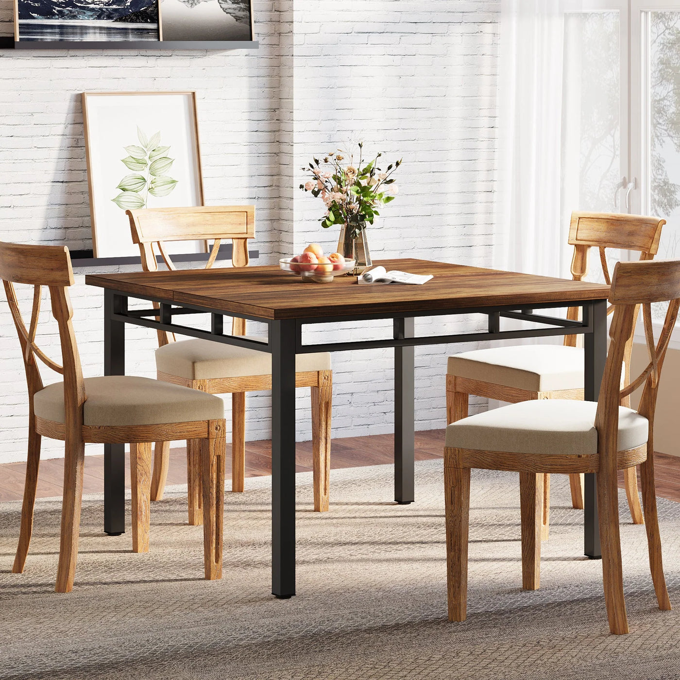 Oliver 39 Inch Square Industrial Dining Table | Wooden Dinner Table for 4 People