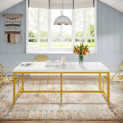 Mesa de comedor Pearl de 63" | Mesa de cocina rectangular de madera blanca y dorada para 6 personas