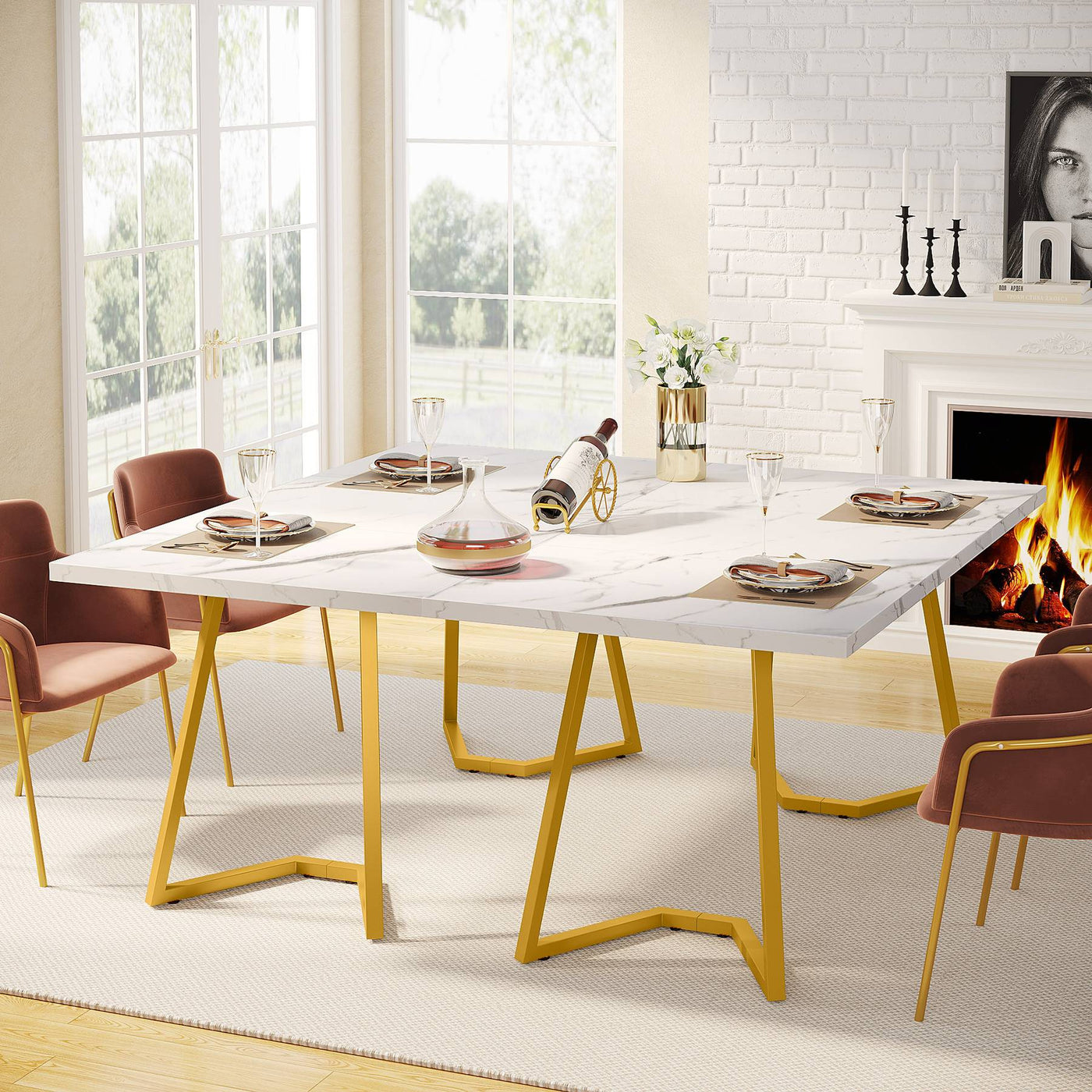 Mesa de comedor rectangular Coutour | Mesa de cocina de 55" con tapa de mármol sintético y base dorada