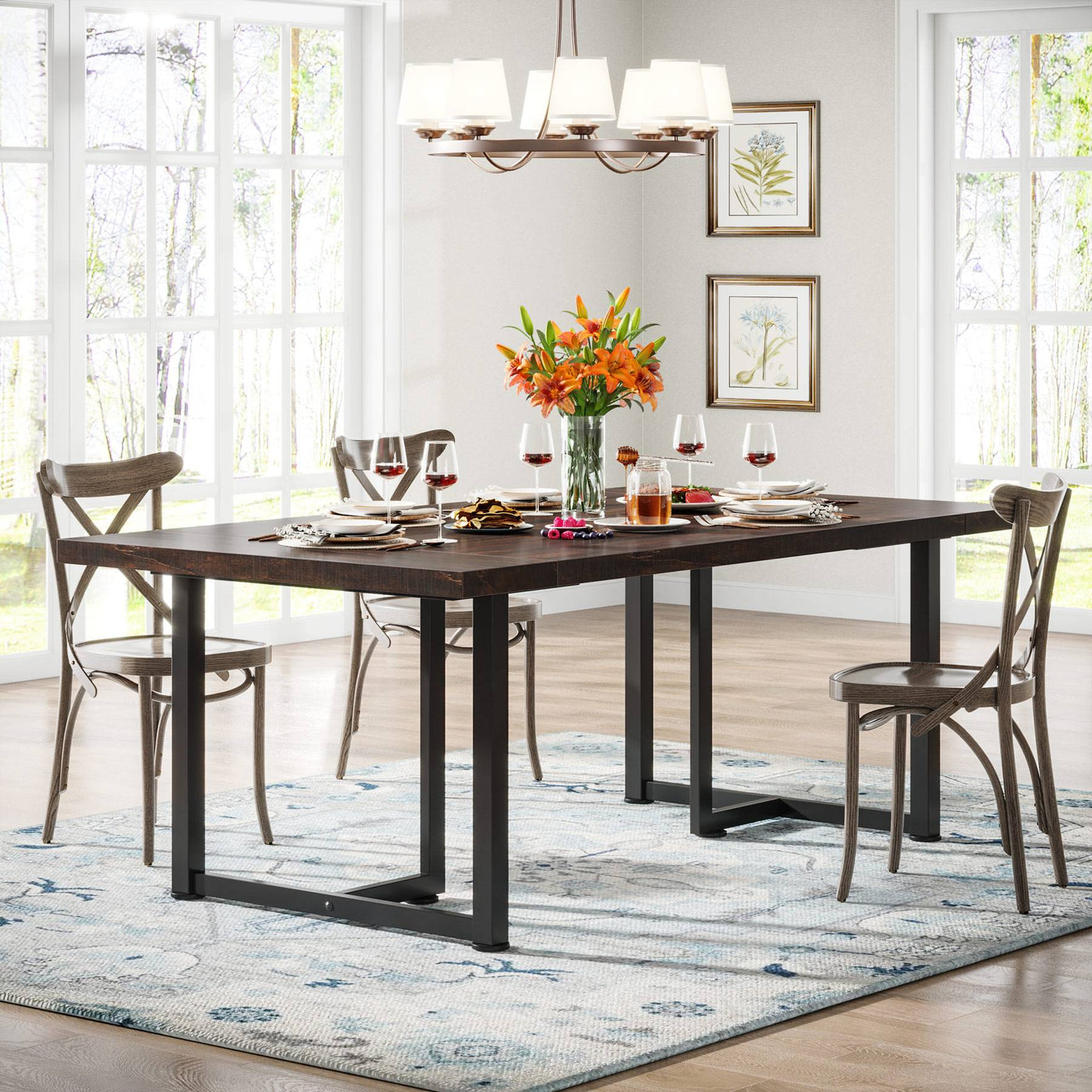 Henley Farmhouse Dining Table | Industrial Rectangular Wooden Kitchen Table for 4-6 People