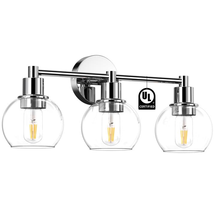 3 Lights Bathroom Vanity Light Fixtures Chrome, Bathroom Lights Over Mirror, Industrial and Farmhouse 3 Light Wall Sconce, Polished Chrome Globe Vanity Lighting Fixtures