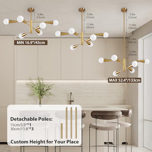 Sputnik Chandelier Modern Gold Chandelier 6-Light E26 Mid Century Ceiling Light Fixture Height Adjustable Hanging Pendant Lighting for Dining Room Kitchen Island Bedroom Office