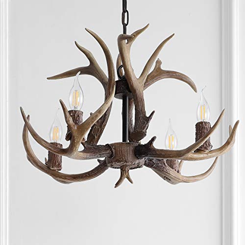 30" Adjustable Resin Antler 5-Light LED Chandelier, Glam, Rustic,Cottage,Transitional, Dimmable Dining Room, Living Room, Kitchen, Foyer, Bedroom, White