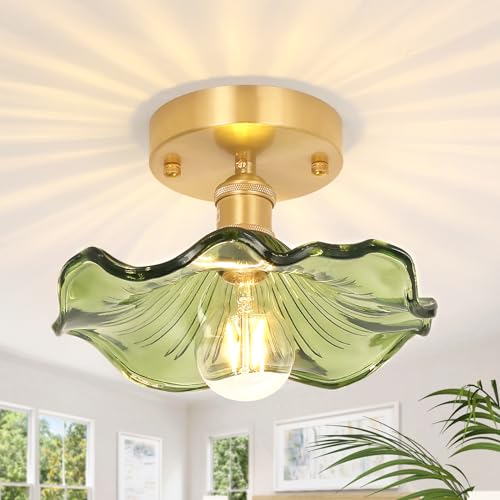 Semi Flush Mount Ceiling Light, Gold Hallway Vintage Lights Fixture Ceiling with Amber Peony Glass, Bulb Included, 4.72" Base Modern Ceiling Light Fixtures for Kitchen Bedroom