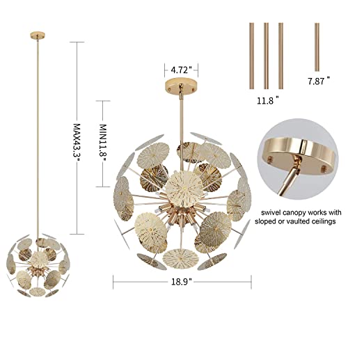 Lighting 12-Light Modern Sputnik Chandelier Gold with Bulbs, Adjustable Rods Globe Pendant Lighting Fixture for Dining Room Kitchen Island Foyer Farmhouse