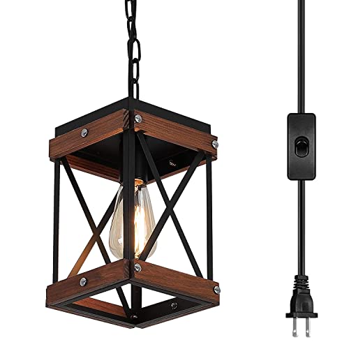 Modern Farmhouse Antique White Distressed Pendant Light with Wood and Metal Cage, One-Light Adjustable Chains Rustic Mini Pendant Lighting Fixture for Kitchen Island Cafe Bar