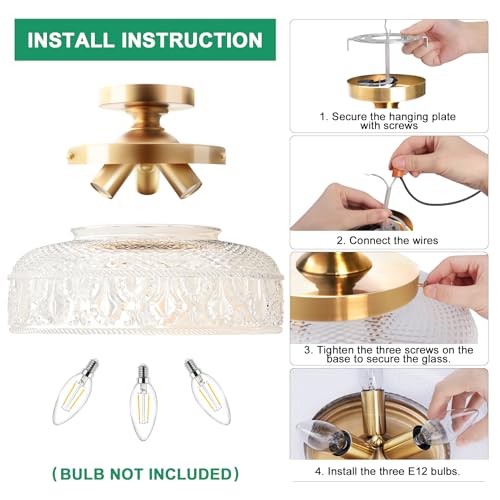 Semi Flush Mount Ceiling Light, Upgraded Larger Golden Hallway Light Fixture, 3-Bulb Globe Glass Close to Ceiling Light,Indoor Hanging Light for Bedroom Kitchen Porch Hallway,Bulbs Not Included