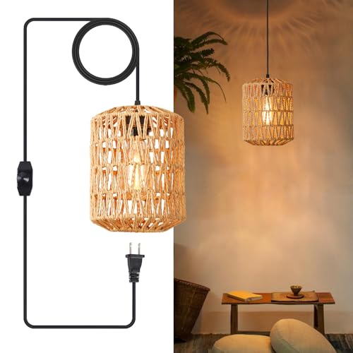 Plug in Pendant Light, Rattan Hanging Lights with Plug in Cord 15ft Dimmable Cord, Hand Woven Wicker Lampshade Hanging Lamp, Boho Plug in Hanging Ceiling Light Fixture for Farmhouse Bedroom White