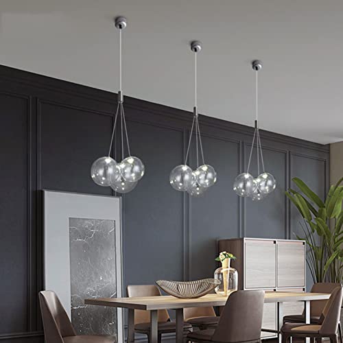 Modern LED 3 Way Glass Ball Ceiling Pendant Lights Cluster Simple Kitchen Island Lighting Fixture 3-Lights Hanging Lamp Chandelier for Dining Room(Grey), Gray (GYDD-0718-1)