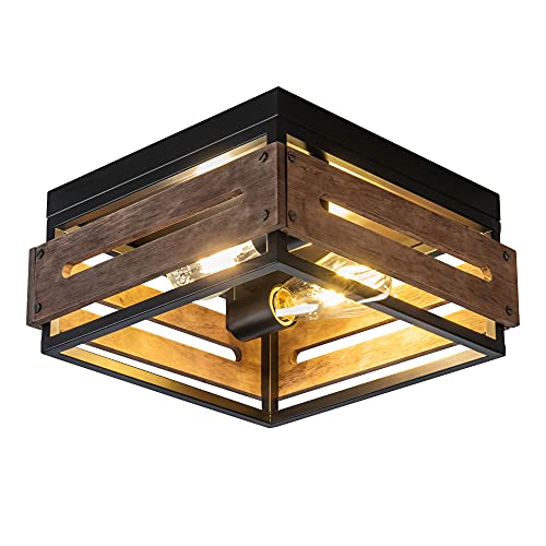 2-Light Farmhouse Flush Mount Ceiling Light, Rustic Ceiling Light, Metal and Wood Square Dining Room Light Fixture for Hallway Farmhouse Entryway Balcony Kitchen