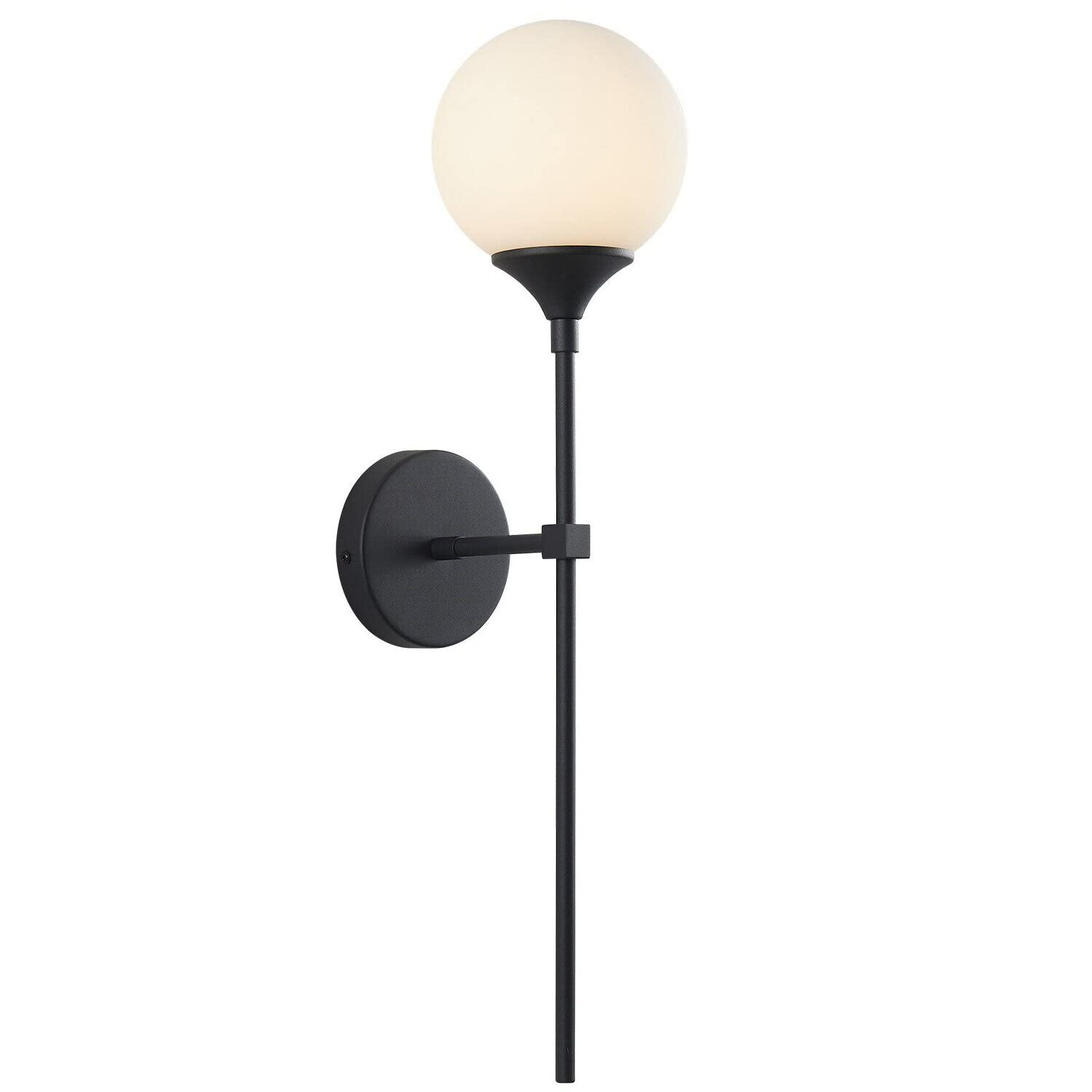 Lighting Modern Smoke Grey Glass Globe Black Matte Slim Wall Sconce Light with Long Arm Vintage Industrial Wall Sconce for Hallway, Stairs, Bathroom Mirror