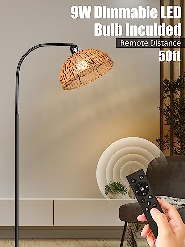 Rattan Floor Lamp- Boho Standing Lamp with Remote Control and Dimmable Bulb, Hand-Worked Adjustable Rattan Shades, Black Farmhouse Tall Lamp, Boho Arc Floor Lamps for Living Room, Bedroom, Office