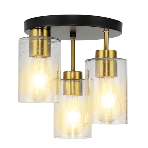 Semi Flush Mount Ceiling Light 3-Light Brushed Nickel Flush Mount Ceiling Light Fixtures with Clear Glass Shade, Modern Kitchen Ceiling Light for Bedroom Stairs Porch Hallway Entryway