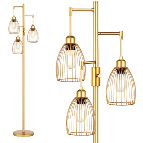 Dimmable Floor Lamp, Industrial Floor Lamps for Living Room, Gold Tree Lamp Standing Lamp Tall Lamps with 3 Elegant Teardrop Cage Head & 800 Lumens LED Bulbs for Living room Bedroom Office