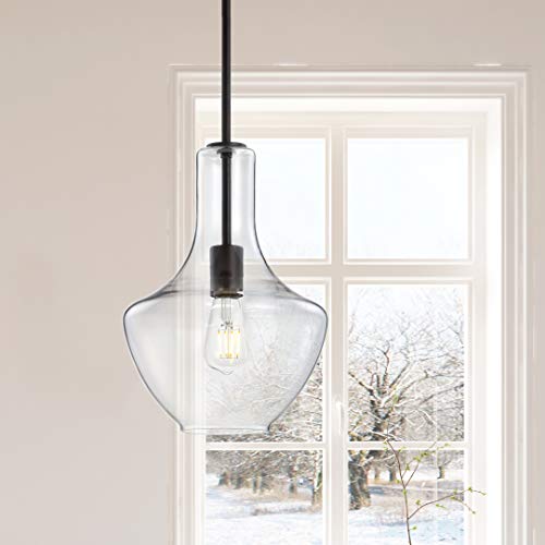 10.5" Glass/Metal LED Pendant Farmhouse Contemporary Dimmable Dining Room Living Room Kitchen Foyer Bedroom Hallway, Oil Rubbed Bronze/Clear