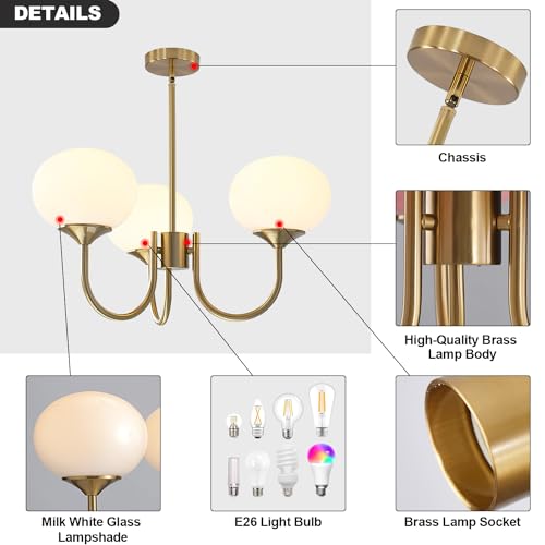 5-Light Modern Globe Sputnik Chandelier Mid Century Large Glass Gold Sputnik Pendant Lights Kitchen Island Vintage Milk Glass Dining Room Chandelier Brushed Brass Hanging Light Fixture