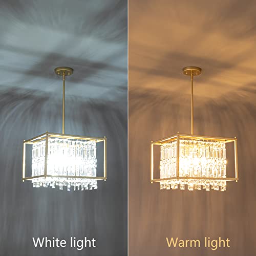 4-Light Dining Room Light Fixture 11.81 inch Square Lndustrial Farmhouse Chandelier Gold Metal Crystal Pendant Light for Kitchen Island Dining Room Living Room Flat and Inclined Ceiling