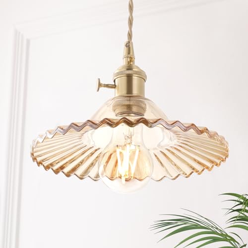 Pendant Light with White Pleated Ceramic Lmapshade, Brass Vintage Pendant Light Adjustable Hanging Light for Kitchen Island Dining Room Hallway 7.87 Inch Diam