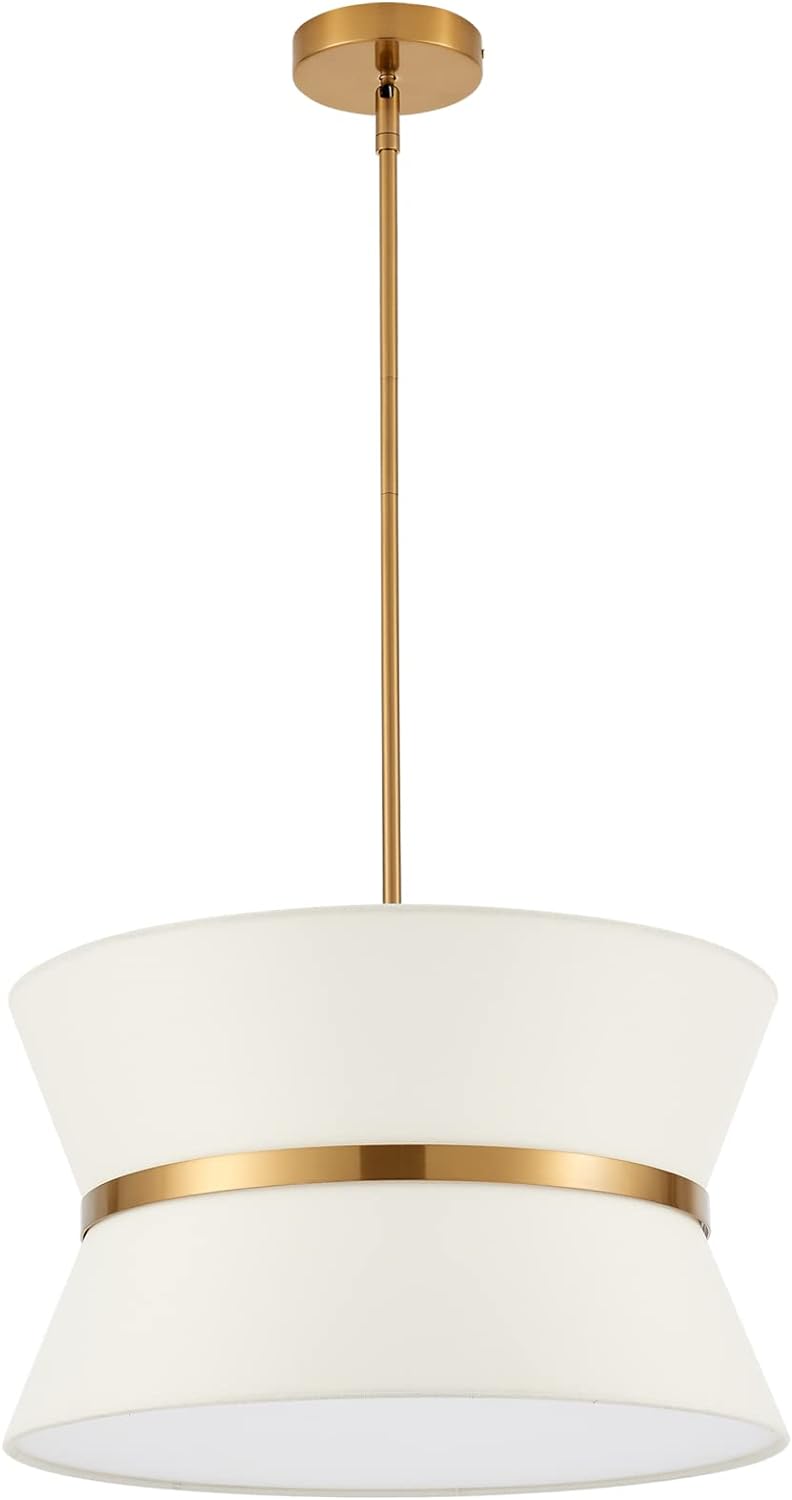 Modern Chandelier with Off-White Fabric Shade and Brass Finished Adjustable Pendant Light for Kitchen Island Living Room Bedroom Hallway, E26, Dia 18 Inch, UL Listed