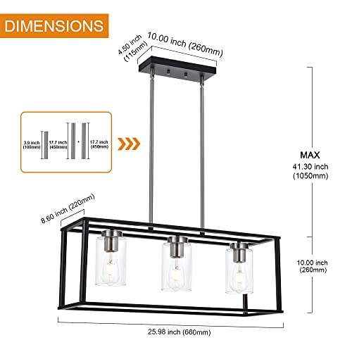 3-Light Industrial Metal Large Pendant Lighting Oil Rubbed Bronze Modern Linear Chandelier with Clear Glass Shades Farmhouse Rustic Ceiling Light Fixtures Hanging for Dining Room Kitchen Island