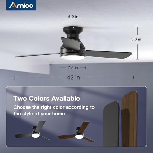 Ceiling Fans with Lights, 42 inch Low Profile Ceiling Fan with Light and Remote Control, Flush Mount, Reversible, 3CCT, Dimmable, Noiseless, Black Ceiling Fan for Bedroom, Indoor/Outdoor Use