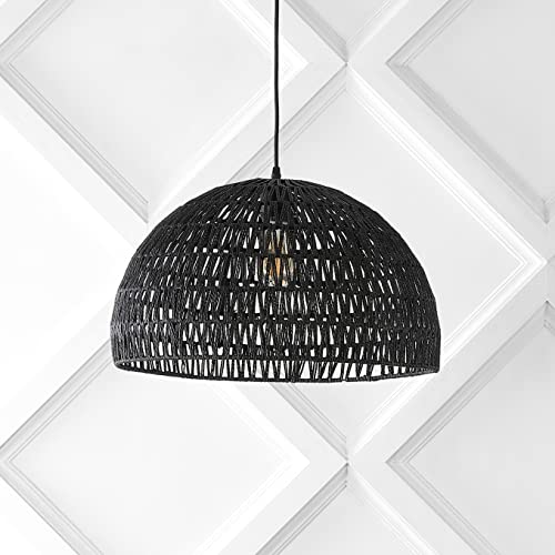 20" 1-Light Bohemian Modern Woven Rattan/Iron LED Pendant Farmhouse Coastal Adjustable Dining Room Living Room Kitchen Island Foyer Bedroom Hallway, Black