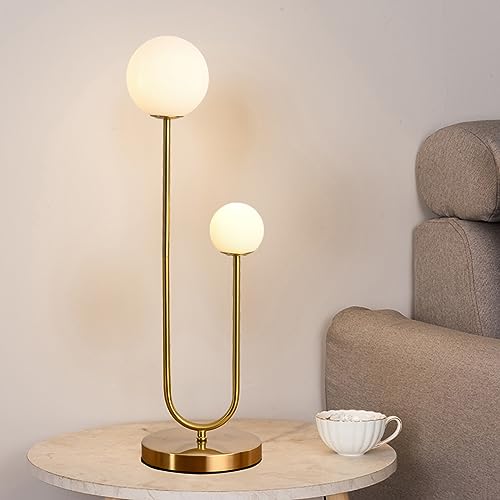 Mid Century Gold Globe Table Lamp Modern U-Shape 2-Light Desk Table Light with Milk White Glass Shade Metal Base Nightstand Lamp for Bedroom Bedside,G9 Bulb