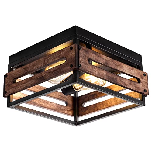 2-Light Farmhouse Flush Mount Ceiling Light, Rustic Ceiling Light, Metal and Wood Square Dining Room Light Fixture for Hallway Farmhouse Entryway Balcony Kitchen