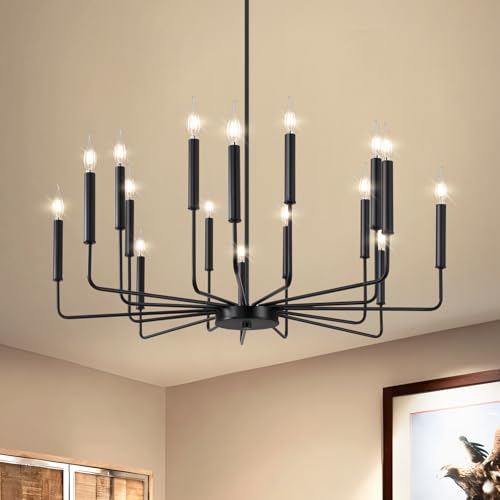 Farmhouse Black Chandelier for Dining Room, 16-Light Modern Candle Chandelier Light Fixture, Rustic Industrial Hanging Chandeliers Lighting for Living Room, Kitchen, Staircase, Entryway