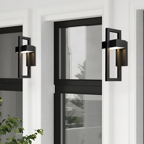 Outdoor Wall Lights Modern Exterior Lighting Fixtures, 3000K LED Integrated Outdoor Wall Sconce for Porch 2 Packs, Matte Black Outside Wall Mount Lights for Front Door House Garage Indoor