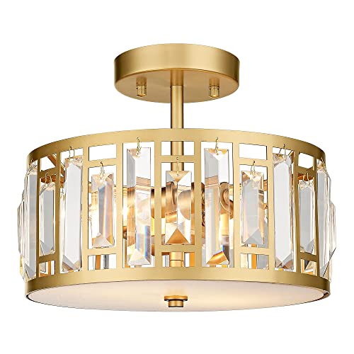 Crystal Semi Flush Mount Chandelier, 11'' Gold Ceiling Light, Modern Flush Mount Light Fixture for Bedroom Kitchen Laundry Entryway, CL4832-1W-PG