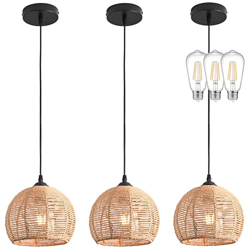 Mini Hemp Rope Woven Pendant Light Woven Light Fixture Boho Chandelier Light Fixture Wicker Pendant Light Rattan Light Pendant Dome Wicker Chandelier for Bedroom Kitchen Island(Bulb Incl.)