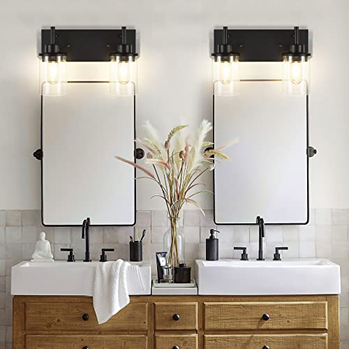 Bathroom Vanity Light Fixtures, 2 Light Wall Sconce Black Vintage Industrial Farmhouse Sconces Wall Lighting with Clear Glass Shade for Bathroom Bedroom Living Room