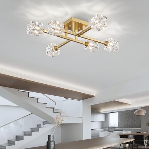 XINGQI Gold Chandelier Sputnik 8-Light Modern Farmhouse Glass Light Fixtures Rectangle Linear Chandelier for Dining Room Living Room Bedroom Kitchen Island