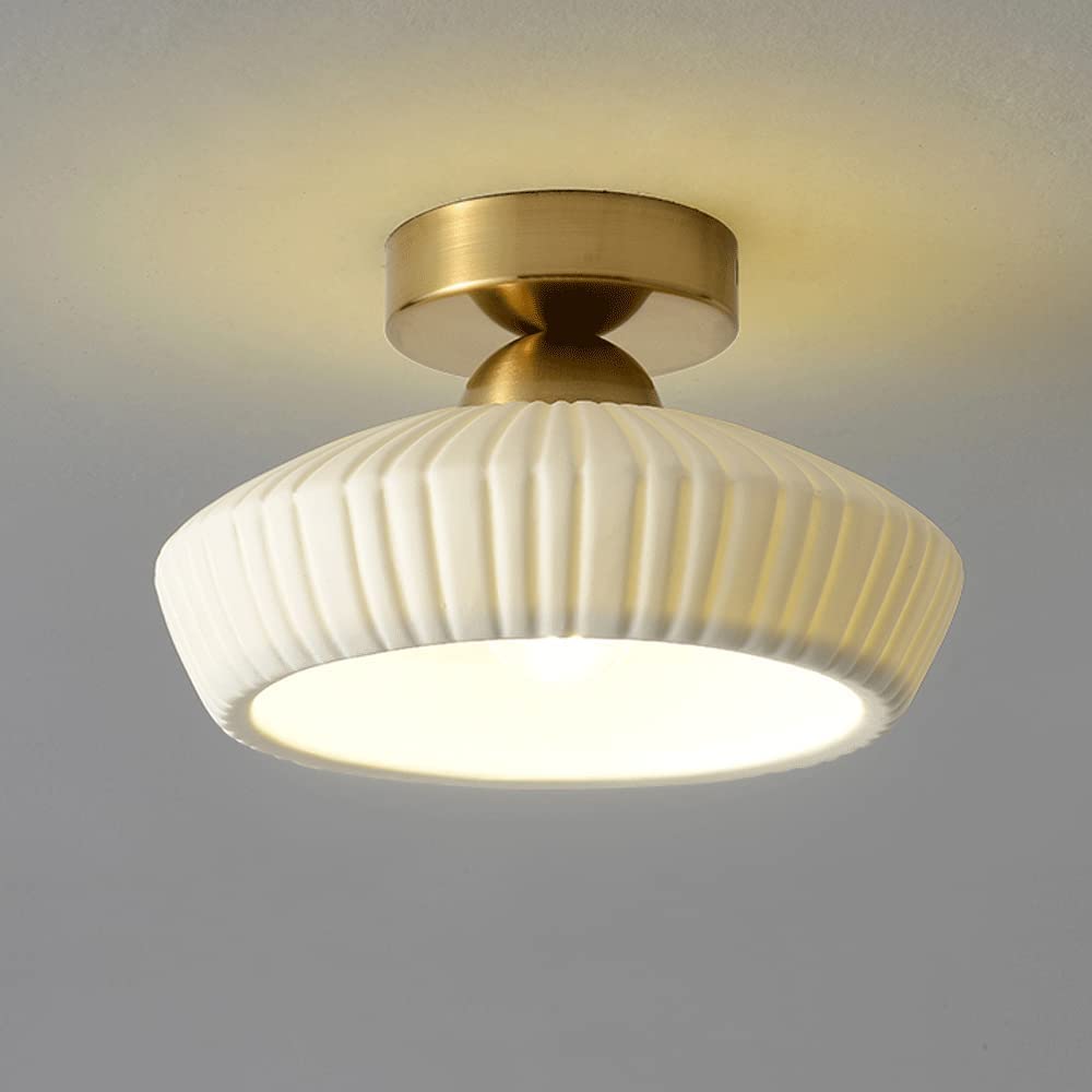 White Semi Flush Mount Ceiling Light, Mid Century Modern Close to Ceiling Light Fixtures, 8.6" Milk Glass Ceramic Pendant Lamp Shade, Farmhouse Lighting for Porch Hallway Kitchen Bedroom