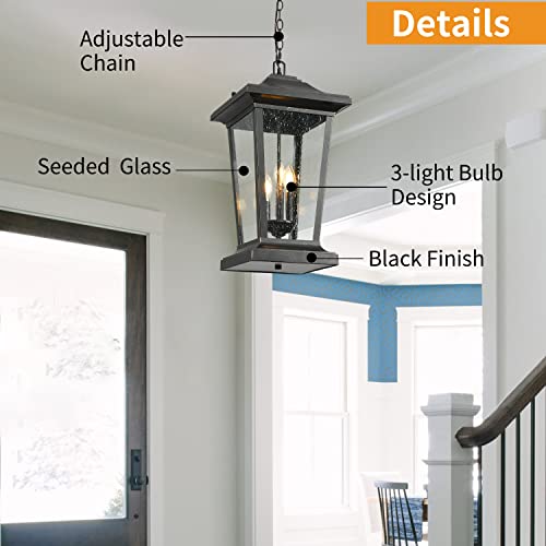 Large Outdoor Pendant Light, 3-Light Outdoor Chandelier, Retro Exterior Hanging Lantern, Hanging Outdoor Light Fixture for Porch, Seeded Glass Sheet with Matte Black Finish